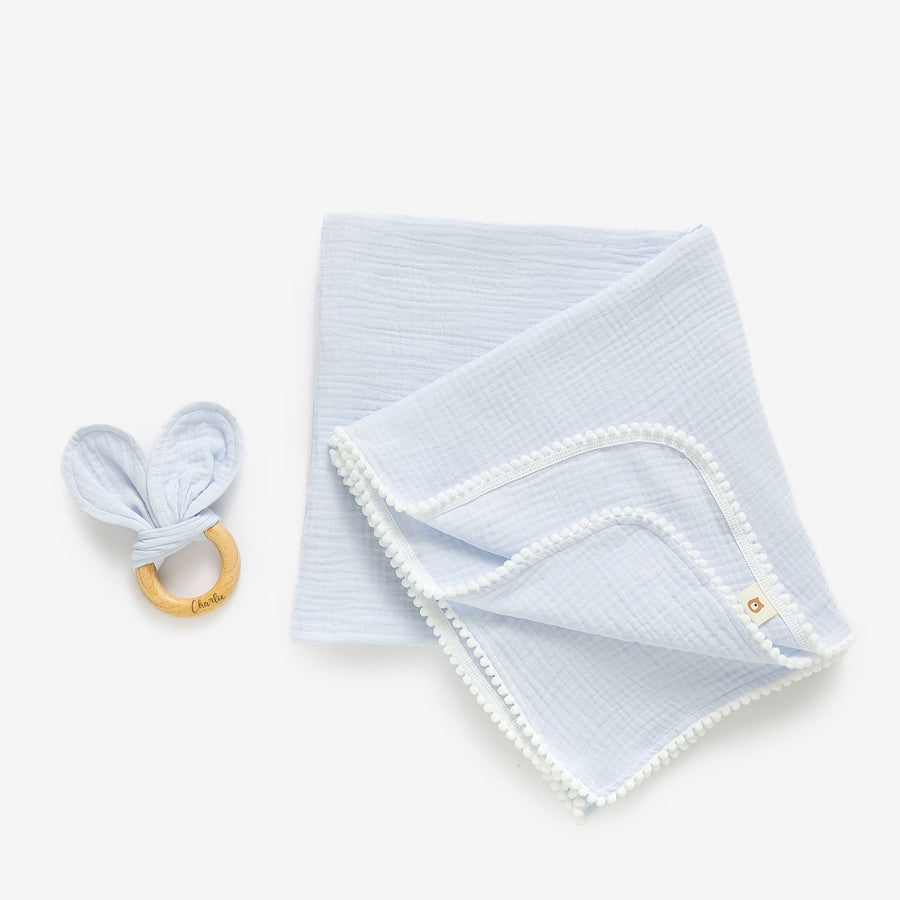 JBØRN Pop Pom Swaddle Organic Muslin Blanket & Teether Set - Personalisable Baby Products Sold and Personalised by JustBørn