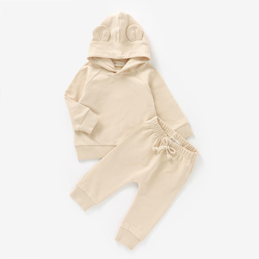 JBØRN Organic Cotton Baby Teddy Ears Hoodie & Joggers Set | Personalisable Cream - Personalisable Baby Products Sold and Personalised by JustBørn