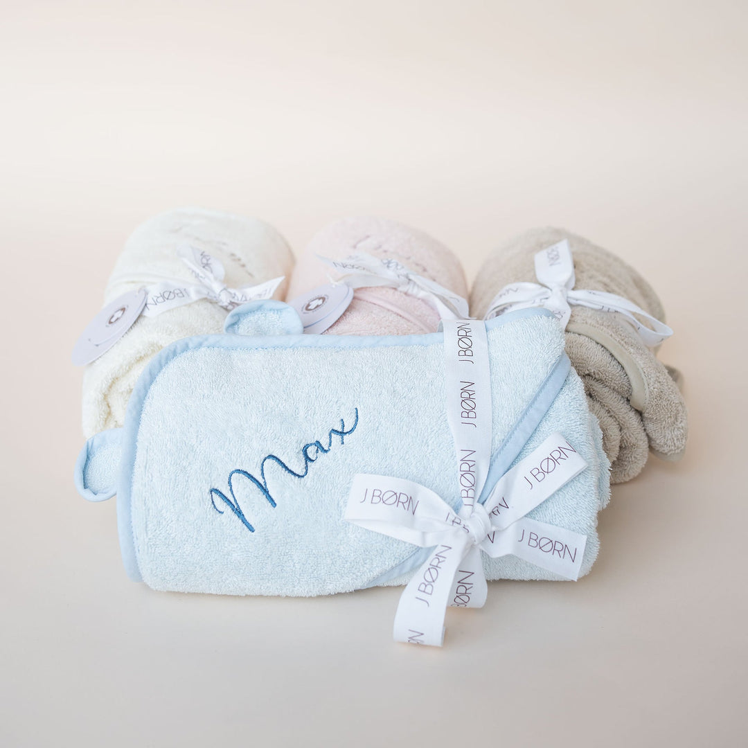 JBØRN Organic Cotton Baby Hooded Towel with Ears Powder Blue - Personalisable Baby Products Sold and Personalised by JustBørn