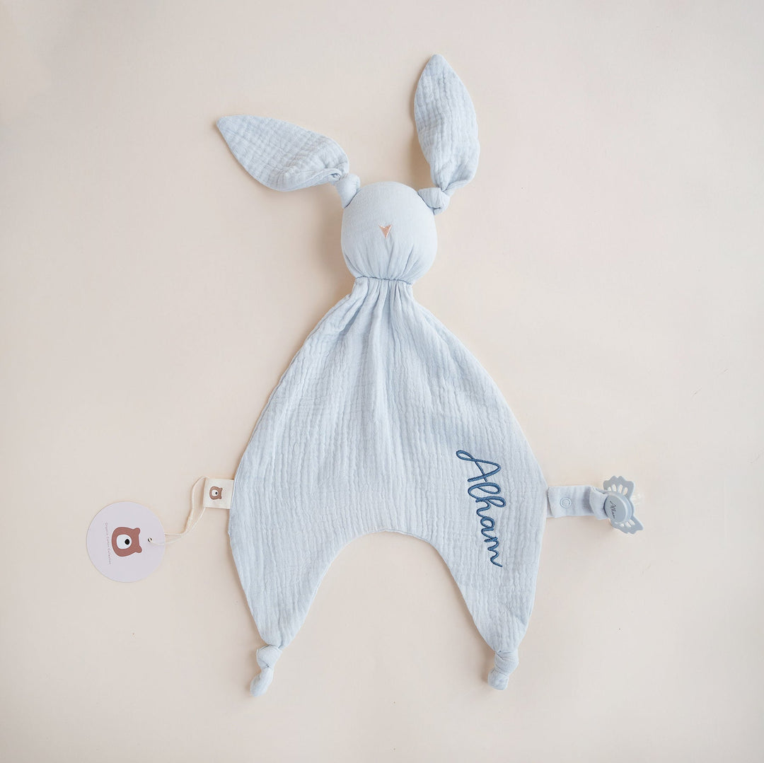 JBØRN Organic Cotton Bunny Comforter Muslin Powder Blue - Personalisable Baby Products Sold and Personalised by JustBørn