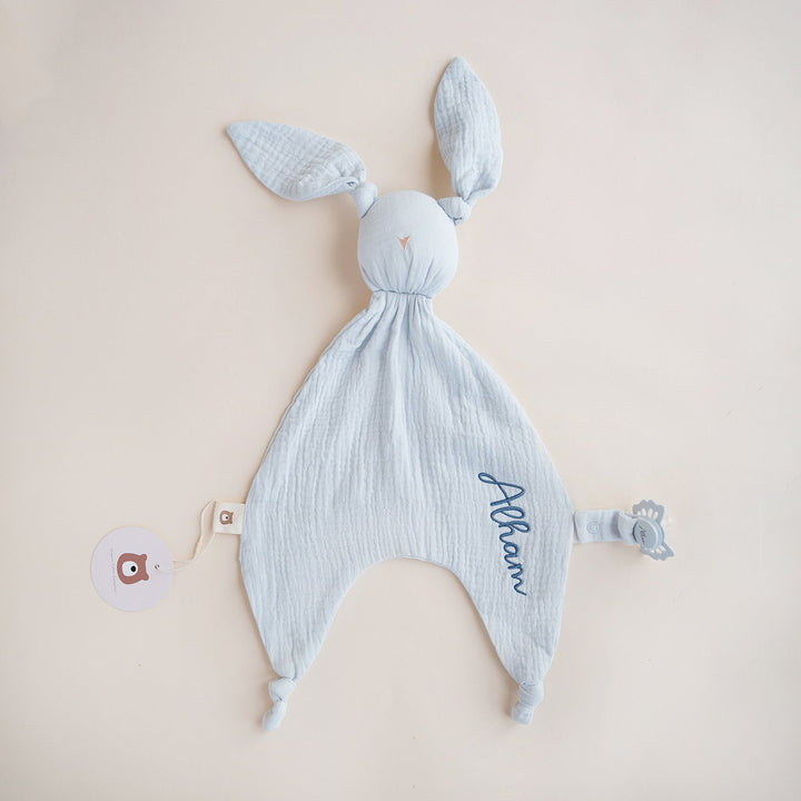 JBØRN Organic Cotton Bunny Comforter Muslin Powder Blue - Personalisable Baby Products Sold and Personalised by JustBørn