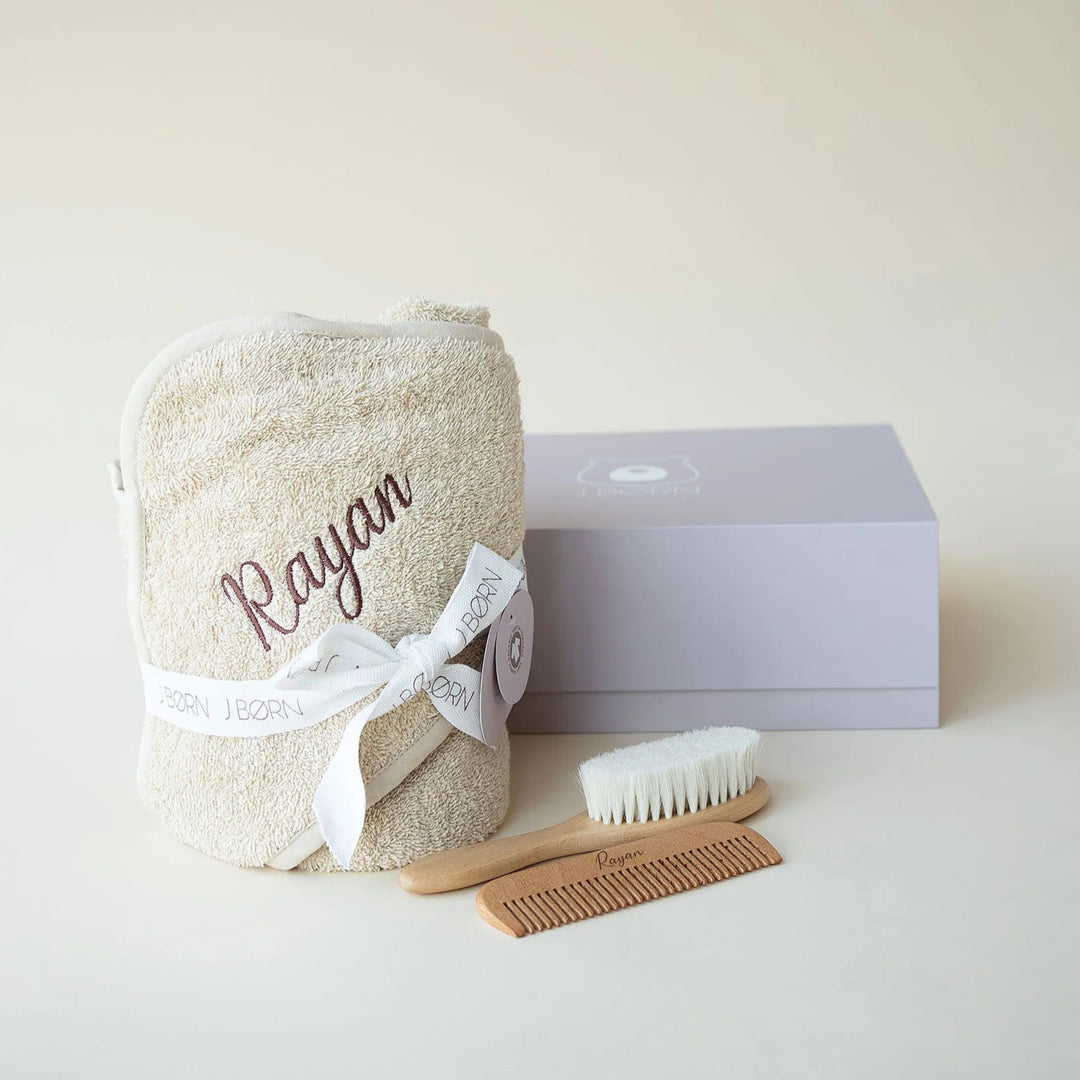 JBØRN Baby Gift Set | Organic Cotton Towel & Hair Brush Set - Personalisable Baby Products Sold and Personalised by JustBørn