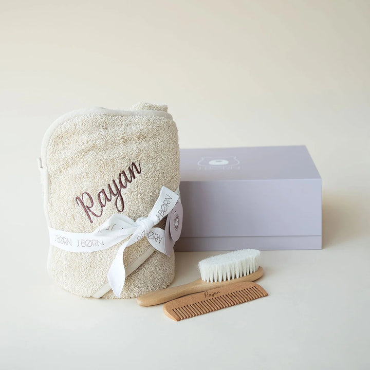 JBØRN Baby Gift Set | Organic Cotton Towel & Hair Brush Set - Personalisable Baby Products Sold and Personalised by JustBørn