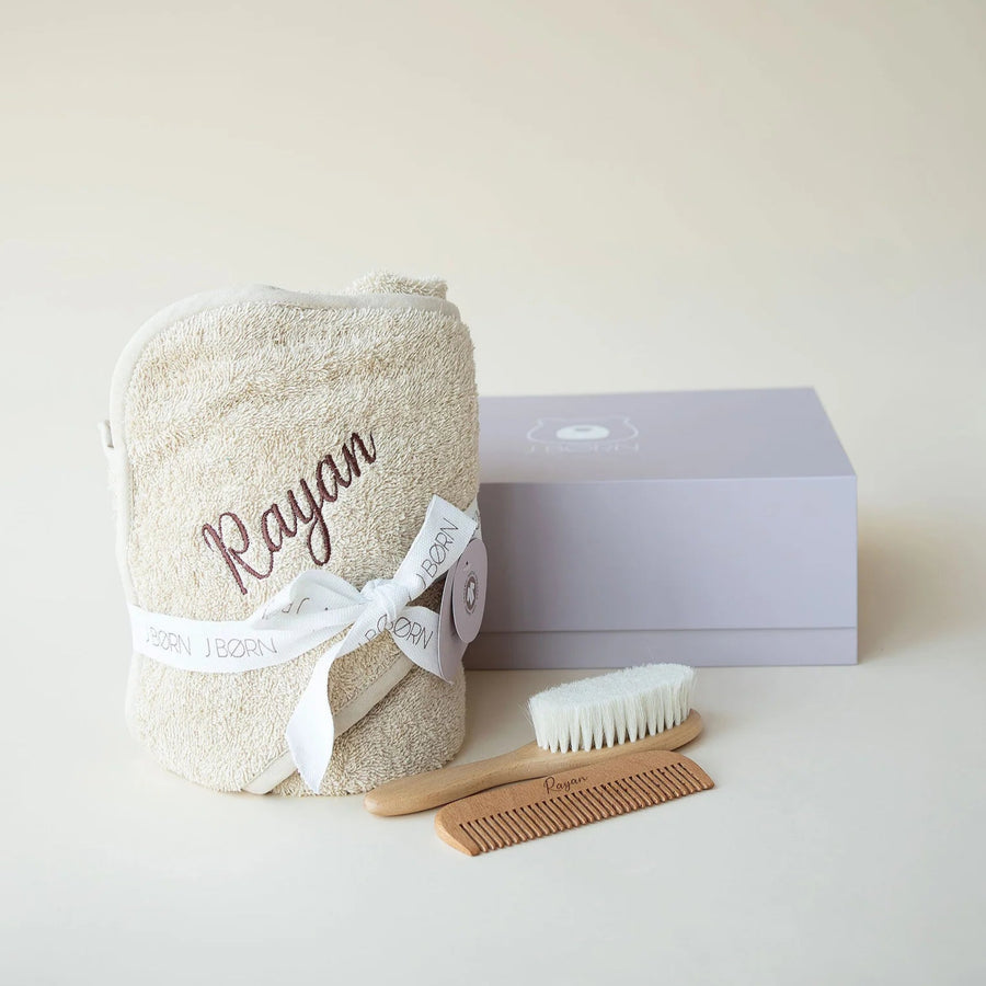 JBØRN Baby Gift Set | Organic Cotton Towel & Hair Brush Set - Personalisable Baby Products Sold and Personalised by JustBørn