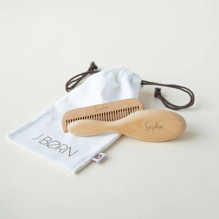 JBØRN Natural Beechwood Hairbrush & Comb Set - Personalisable Baby Products Sold and Personalised by JustBørn