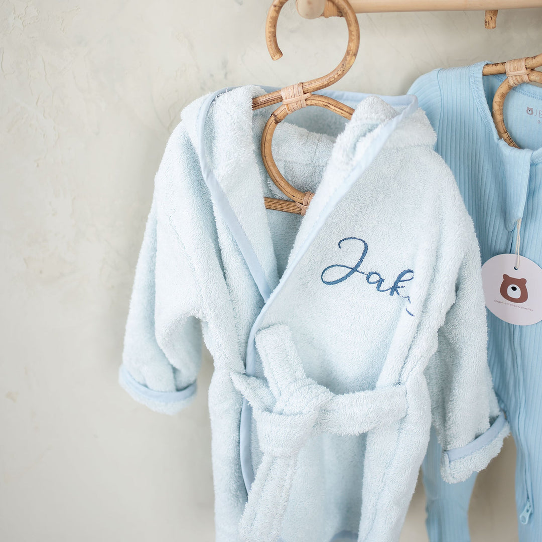 JBØRN Baby Gift Set | Organic Cotton Bath Robe & Hair Brush Set Powder Blue - Personalisable Baby Products Sold and Personalised by JustBørn
