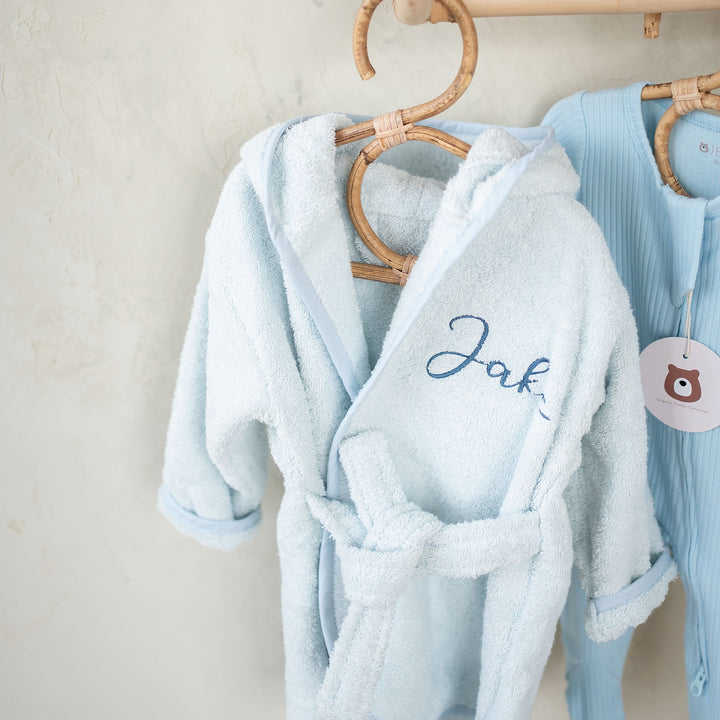 JBØRN Baby Gift Set | Organic Cotton Bath Robe & Hair Brush Set Powder Blue - Personalisable Baby Products Sold and Personalised by JustBørn