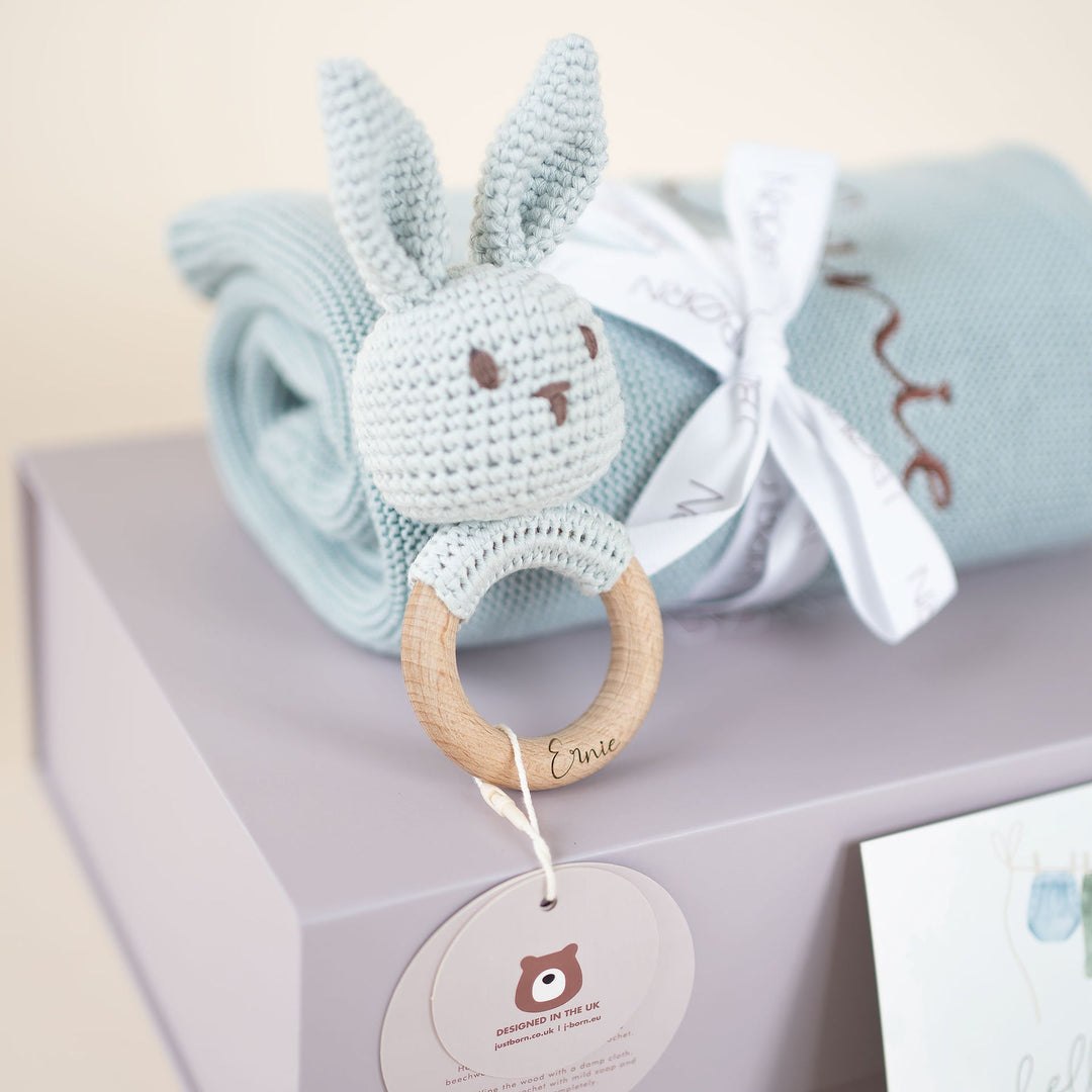 JBØRN Baby Gift Set | Knitted Blanket & Bunny Rattle Toy Duck Egg - Personalisable Baby Products Sold and Personalised by JustBørn