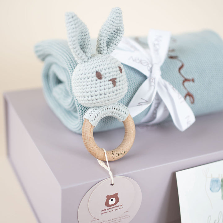 JBØRN Baby Gift Set | Knitted Blanket & Bunny Rattle Toy Duck Egg - Personalisable Baby Products Sold and Personalised by JustBørn