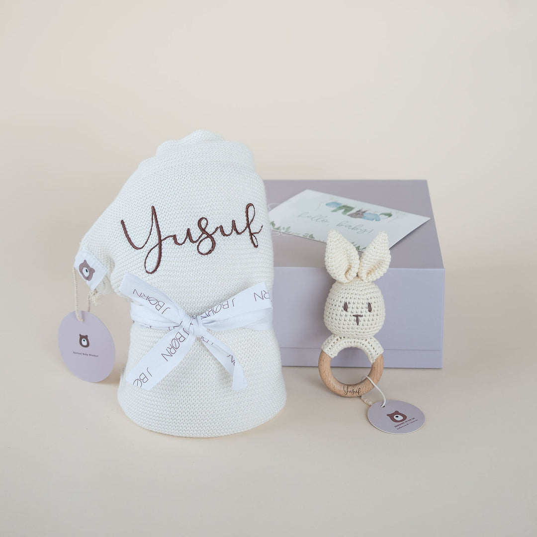 JBØRN Baby Gift Set | Knitted Blanket & Bunny Rattle Toy Ivory - Personalisable Baby Products Sold and Personalised by JustBørn