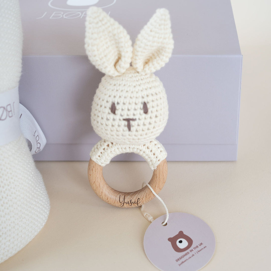 JBØRN Baby Gift Set | Knitted Blanket & Bunny Rattle Toy - Personalisable Baby Products Sold and Personalised by JustBørn
