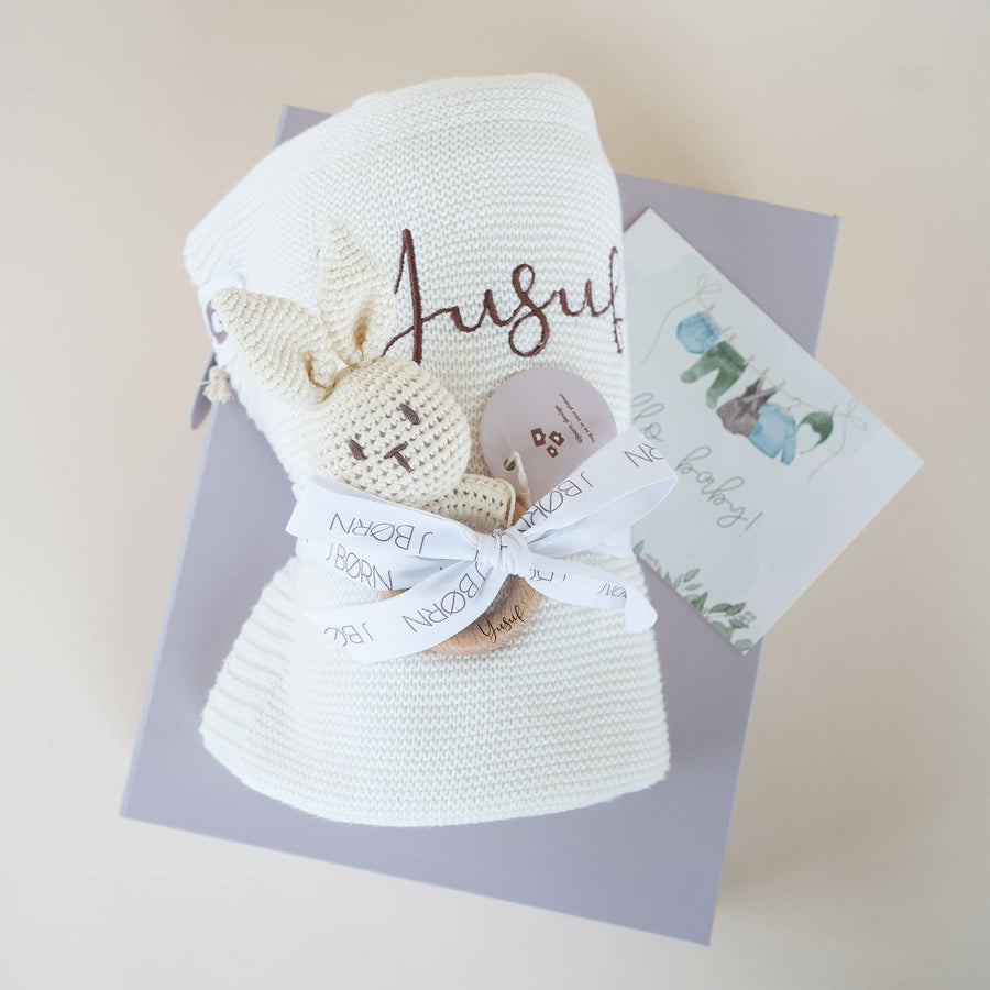 JBØRN Baby Gift Set | Knitted Blanket & Bunny Rattle Toy - Personalisable Baby Products Sold and Personalised by JustBørn