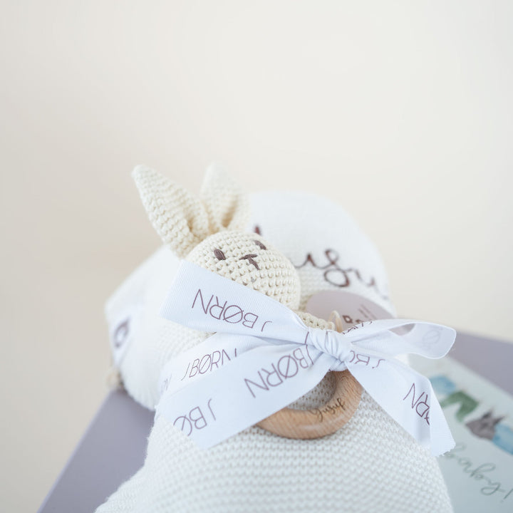 JBØRN Baby Gift Set | Knitted Blanket & Bunny Rattle Toy - Personalisable Baby Products Sold and Personalised by JustBørn