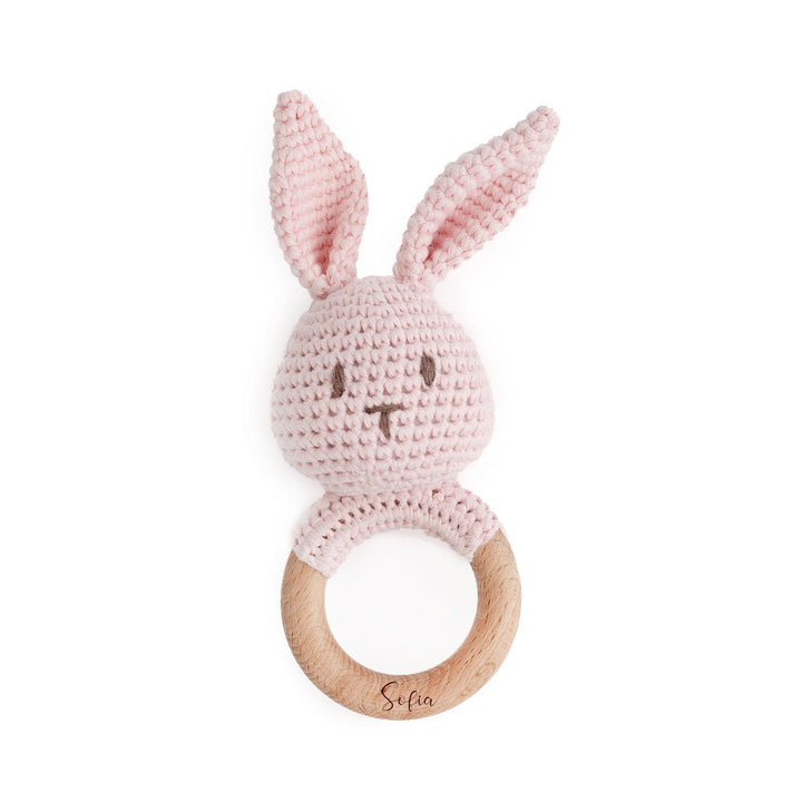 JBØRN Crochet Bunny Baby Rattle Toy Blossom - Personalisable Baby Products Sold and Personalised by JustBørn