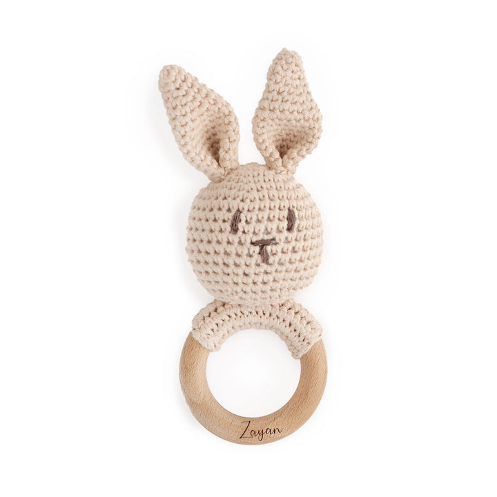 JBØRN Crochet Bunny Baby Rattle Toy Vanilla - Personalisable Baby Products Sold and Personalised by JustBørn