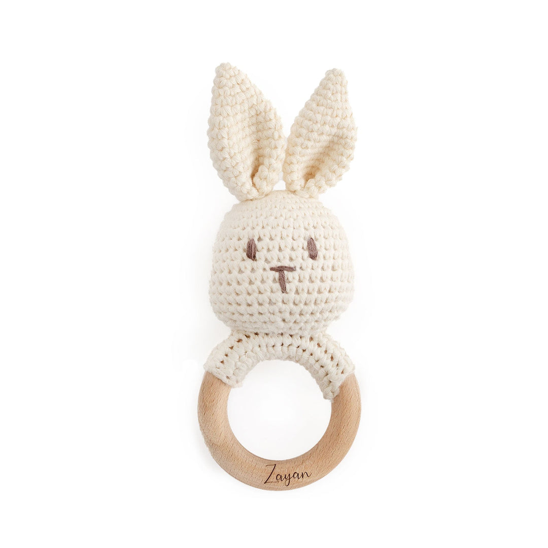 JBØRN Crochet Bunny Baby Rattle Toy Ivory - Personalisable Baby Products Sold and Personalised by JustBørn