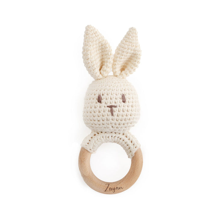 JBØRN Crochet Bunny Baby Rattle Toy Ivory - Personalisable Baby Products Sold and Personalised by JustBørn