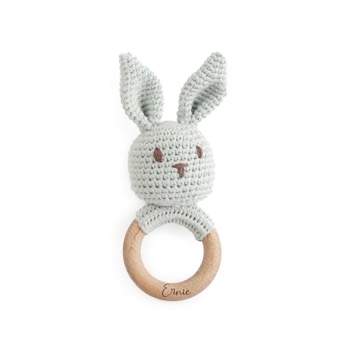 JBØRN Crochet Bunny Baby Rattle Toy Powder Blue - Personalisable Baby Products Sold and Personalised by JustBørn