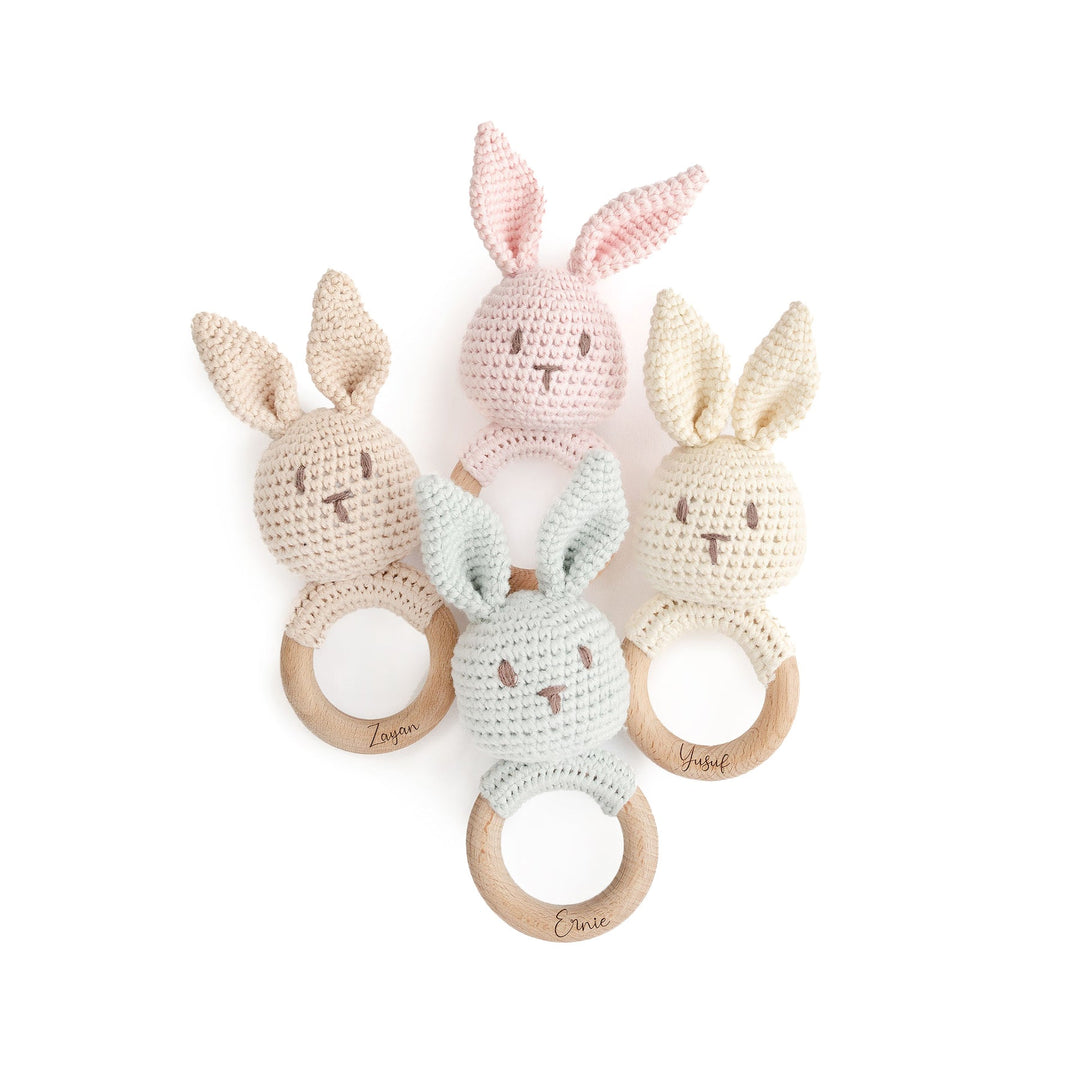 JBØRN Crochet Bunny Baby Rattle Toy - Personalisable Baby Products Sold and Personalised by JustBørn