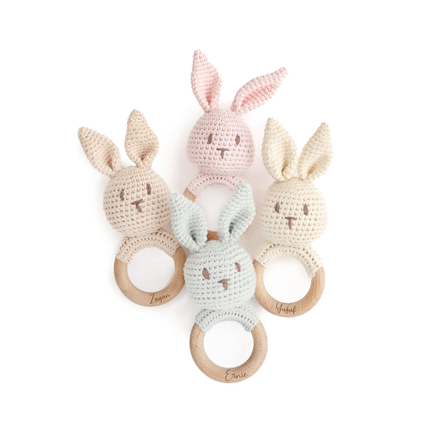 JBØRN Crochet Bunny Baby Rattle Toy - Personalisable Baby Products Sold and Personalised by JustBørn