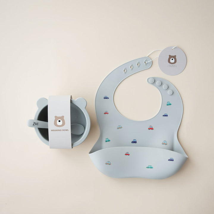 JBØRN Baby Gift Set | Silicone Bowl, Spoon and Bib Powder Blue - Personalisable Baby Products Sold and Personalised by JustBørn