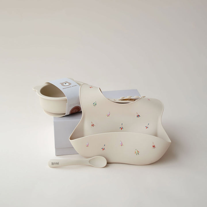 JBØRN Baby Gift Set | Silicone Bowl, Spoon and Bib Beige - Personalisable Baby Products Sold and Personalised by JustBørn