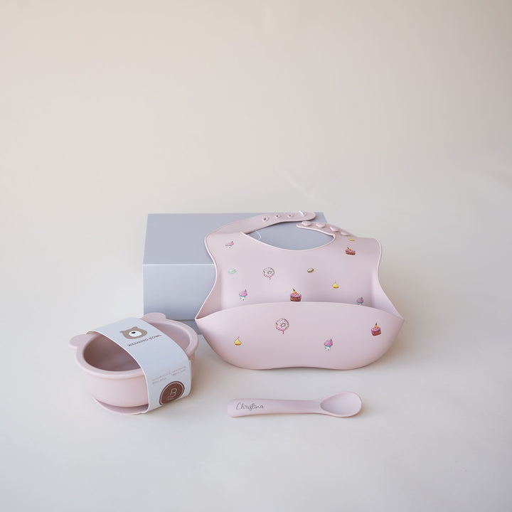 JBØRN Baby Gift Set | Silicone Bowl, Spoon and Bib Blush - Personalisable Baby Products Sold and Personalised by JustBørn