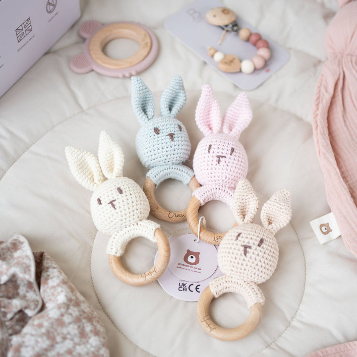 JBØRN Crochet Bunny Baby Rattle Toy - Personalisable Baby Products Sold and Personalised by JustBørn