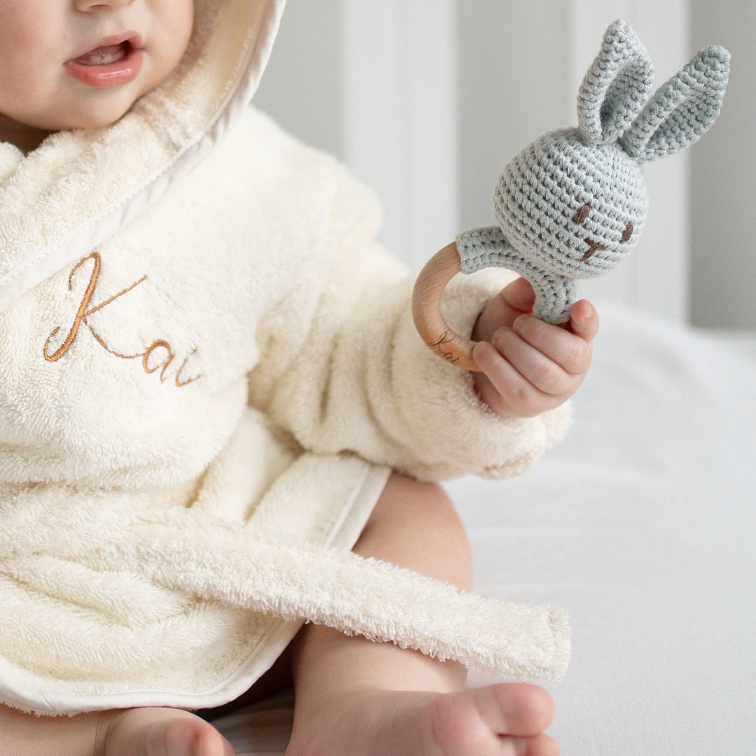 JBØRN Crochet Bunny Baby Rattle Toy - Personalisable Baby Products Sold and Personalised by JustBørn