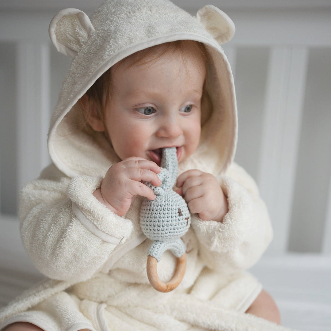 JBØRN Crochet Bunny Baby Rattle Toy - Personalisable Baby Products Sold and Personalised by JustBørn