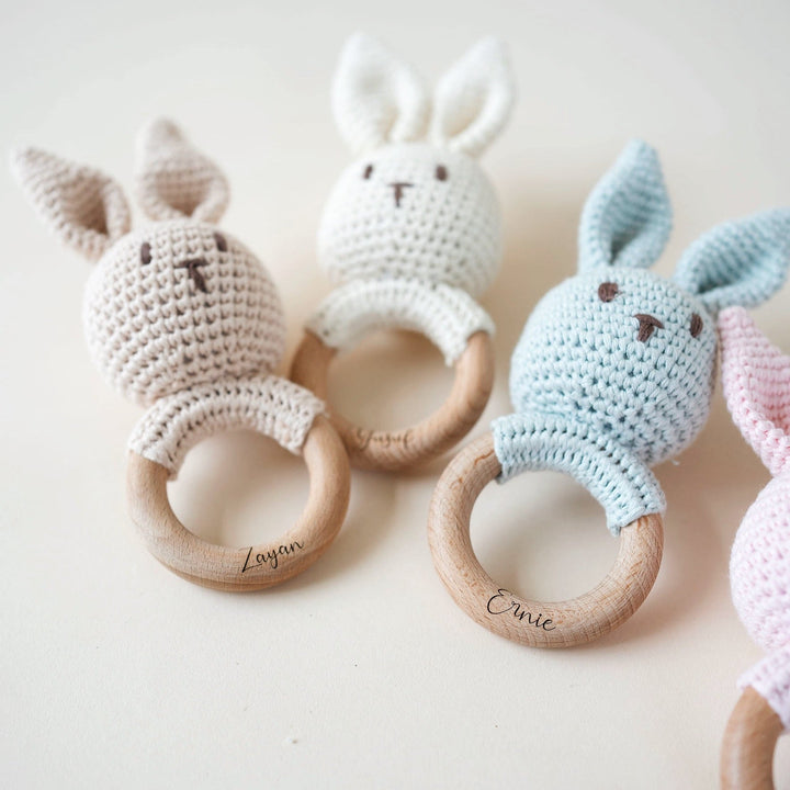 JBØRN Crochet Bunny Baby Rattle Toy - Personalisable Baby Products Sold and Personalised by JustBørn