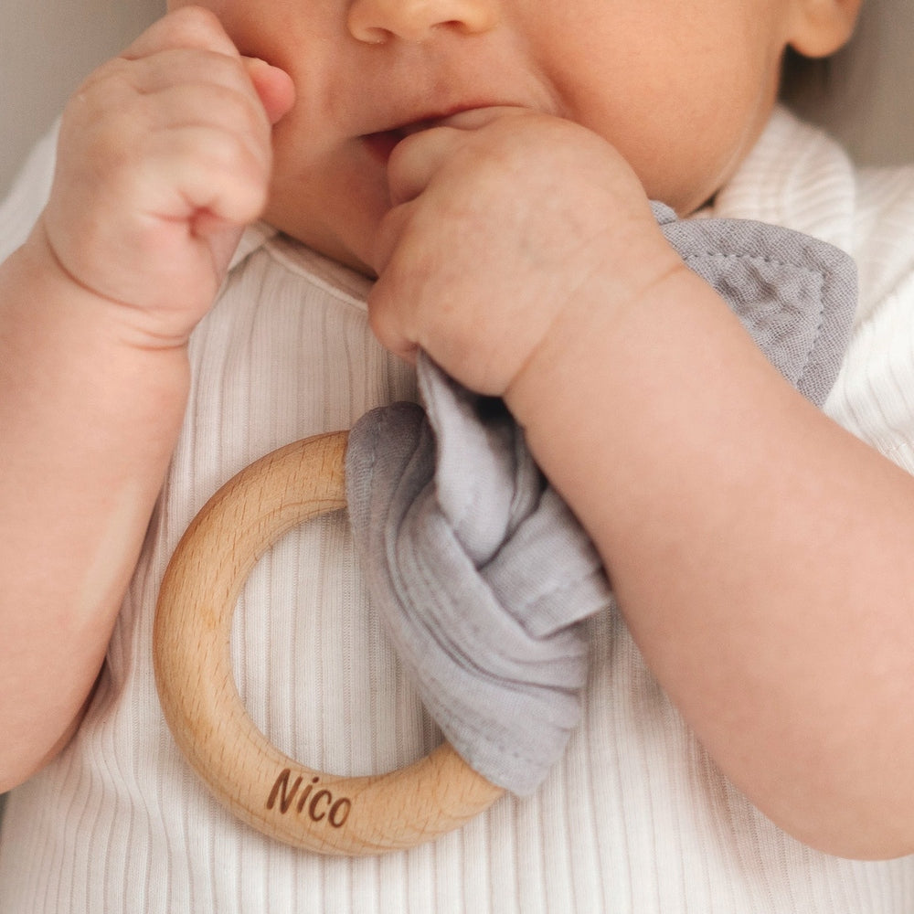 JBØRN Pop Pom Swaddle Organic Muslin Blanket & Teether Set - Personalisable Baby Products Sold and Personalised by JustBørn