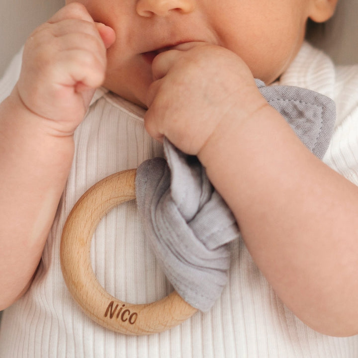JBØRN Pop Pom Swaddle Organic Muslin Blanket & Teether Set - Personalisable Baby Products Sold and Personalised by JustBørn