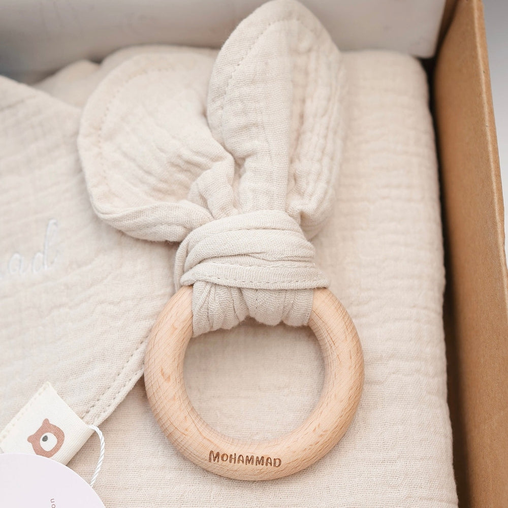 JBØRN Pop Pom Swaddle Organic Muslin Blanket & Teether Set - Personalisable Baby Products Sold and Personalised by JustBørn