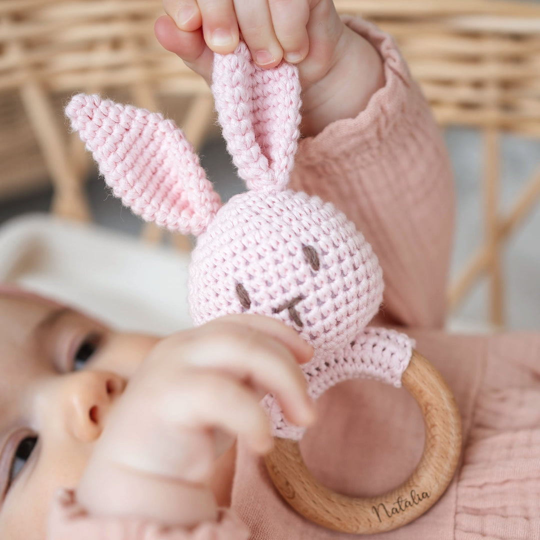 JBØRN Crochet Bunny Baby Rattle Toy - Personalisable Baby Products Sold and Personalised by JustBørn
