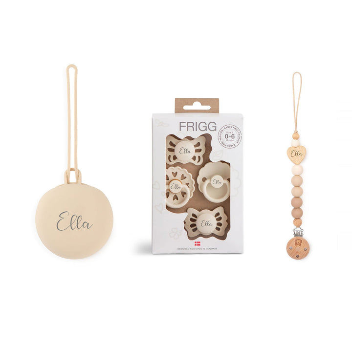 JBØRN X FRIGG Trial Collection Pacifiers & Personalised Holders Set Sandstone - Personalisable Baby Products Sold and Personalised by JustBørn