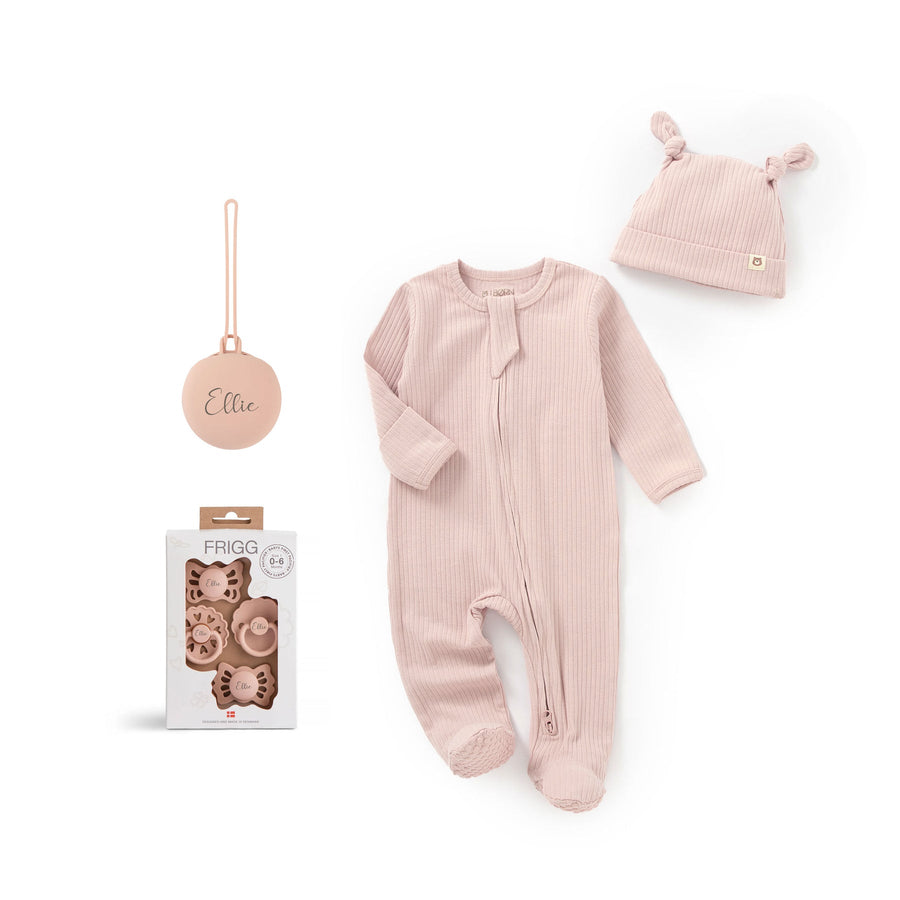 JBØRN x FRIGG Baby Gift Set | Organic Cotton Sleepsuit, First Pacifiers & Matching Holder - Personalisable Baby Products Sold and Personalised by JustBørn