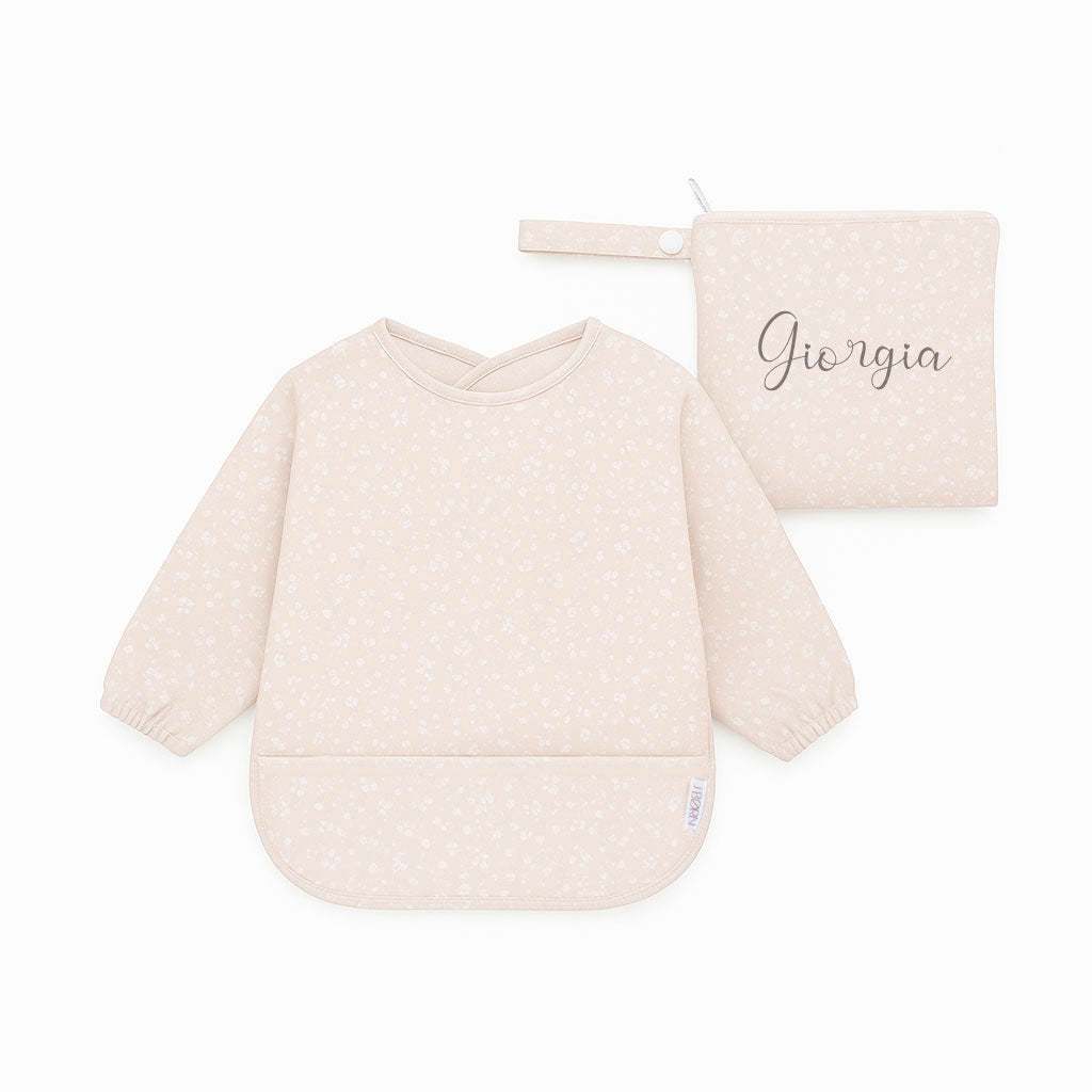 JBØRN Long Sleeve Baby Feeding Bib with Personalised Travel Bag Flower - Personalisable Baby Products Sold and Personalised by JustBørn