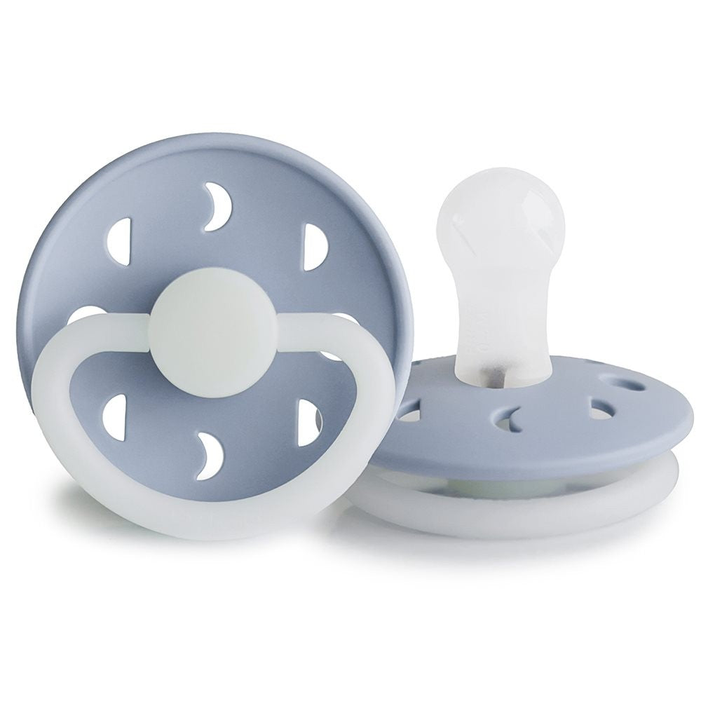 FRIGG Moon Silicone Pacifier Powder Blue Night Glow - Personalisable Baby Products Sold and Personalised by JustBørn
