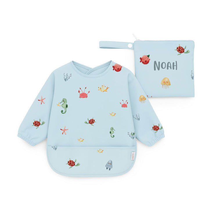 JBØRN Long Sleeve Baby Feeding Bib with Personalised Travel Bag Ocean - Personalisable Baby Products Sold and Personalised by JustBørn