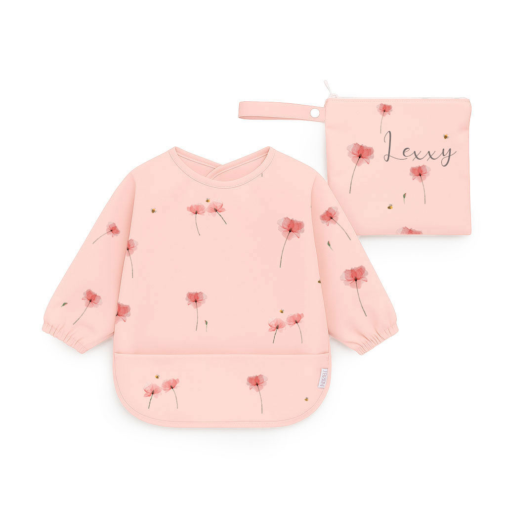 JBØRN Long Sleeve Baby Feeding Bib with Personalised Travel Bag Poppy Flowers - Personalisable Baby Products Sold and Personalised by JustBørn