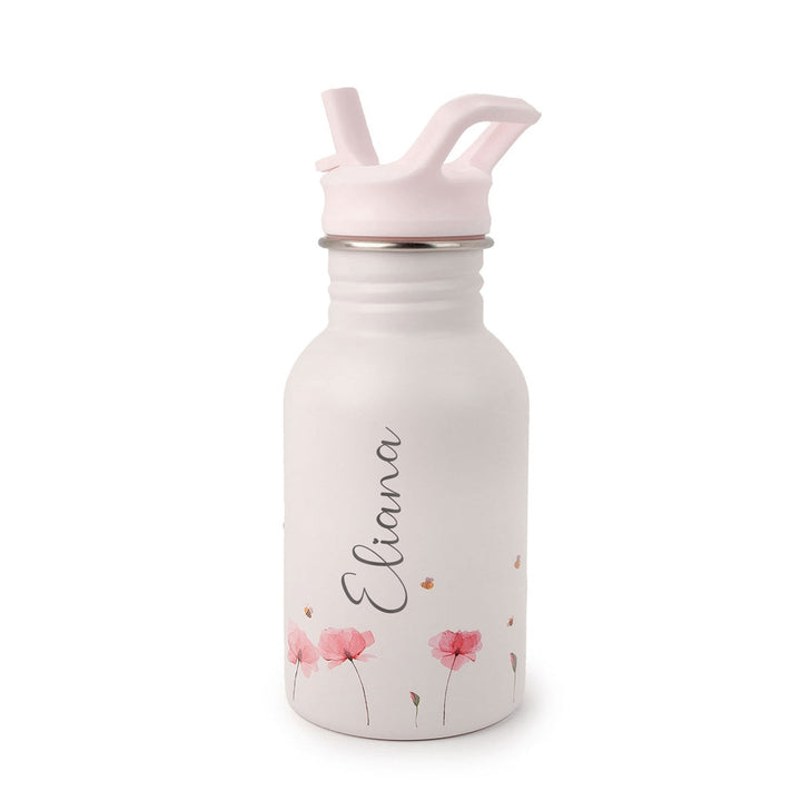 JBØRN Personalised Stainless Steel Kids Water Bottle Poppy Flowers - Personalisable Baby Products Sold and Personalised by JustBørn