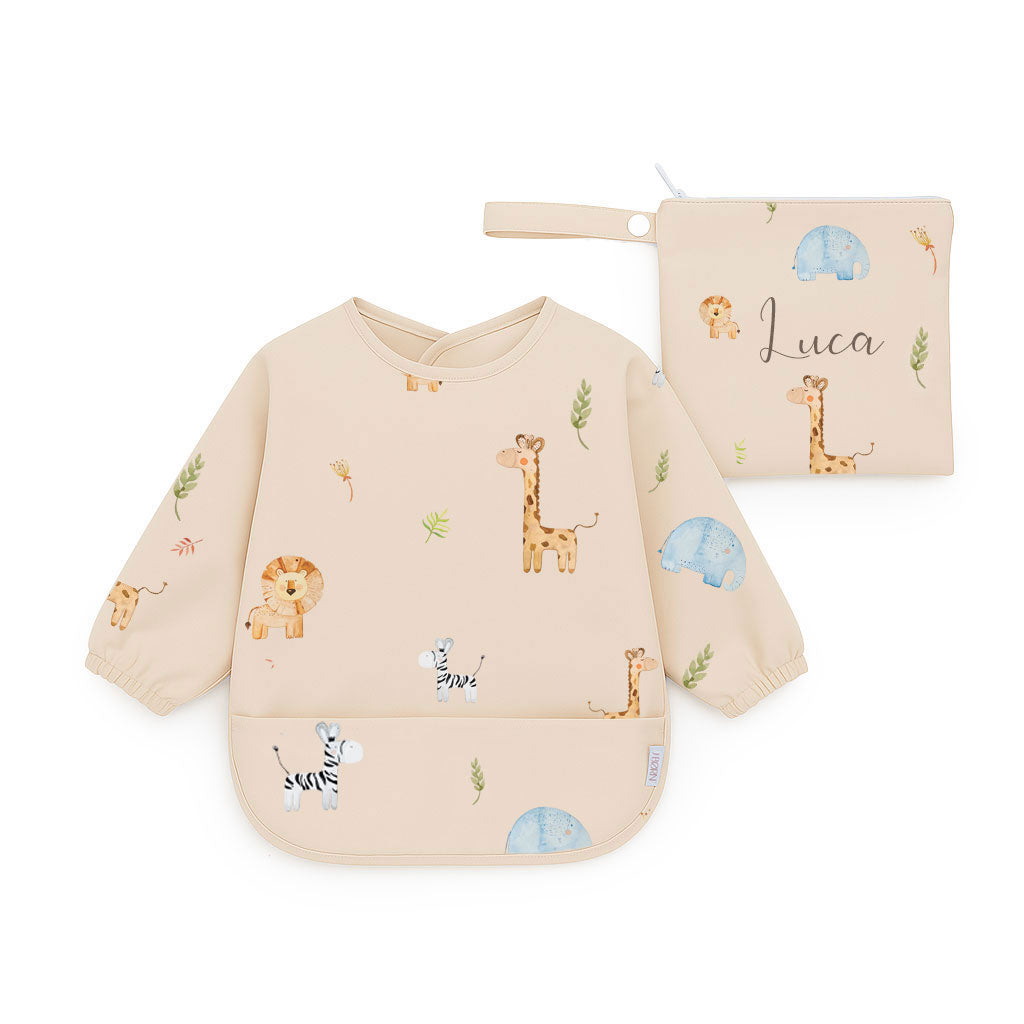 JBØRN Long Sleeve Baby Feeding Bib with Personalised Travel Bag Safari Park - Personalisable Baby Products Sold and Personalised by JustBørn