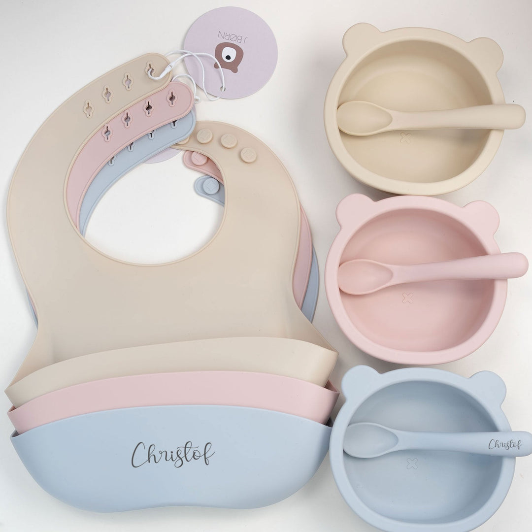 JBØRN Silicone Bowl, Spoon and Bib Set | Weaning Set - Personalisable Baby Products Sold and Personalised by JustBørn