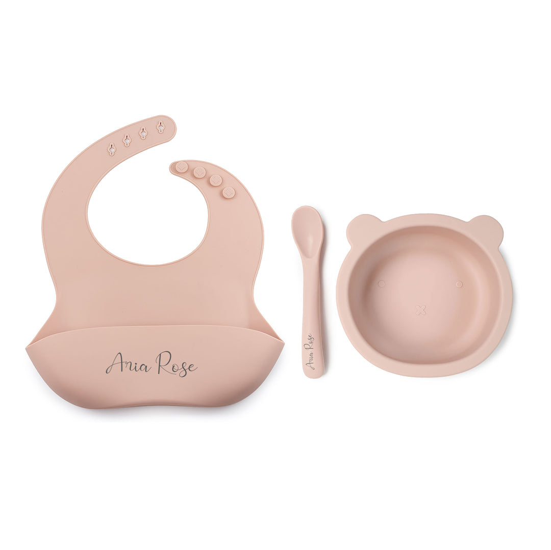 JBØRN Silicone Bowl, Spoon and Bib Set | Weaning Set Blush - Personalisable Baby Products Sold and Personalised by JustBørn