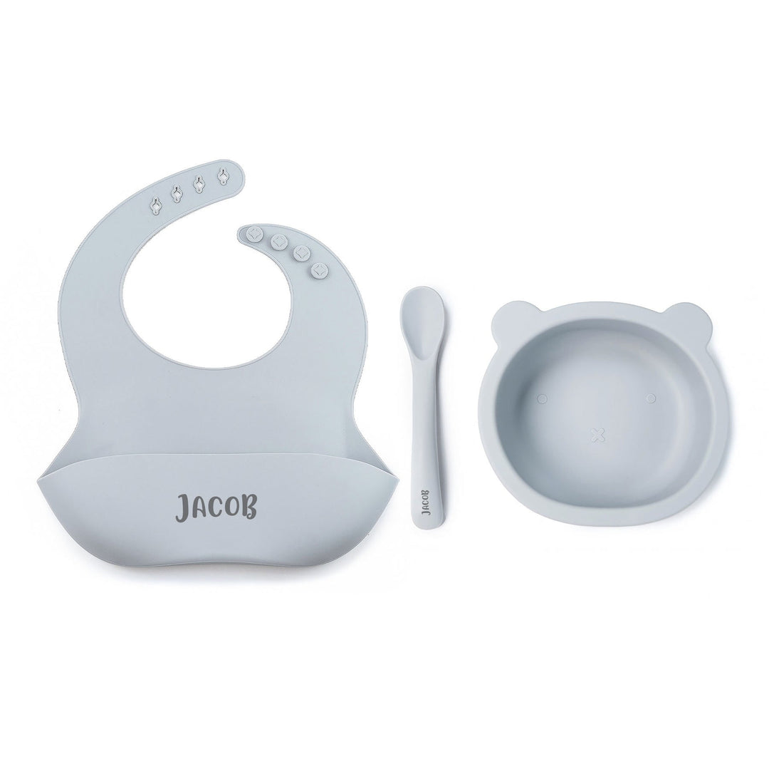 JBØRN Silicone Bowl, Spoon and Bib Set | Weaning Set - Personalisable Baby Products Sold and Personalised by JustBørn