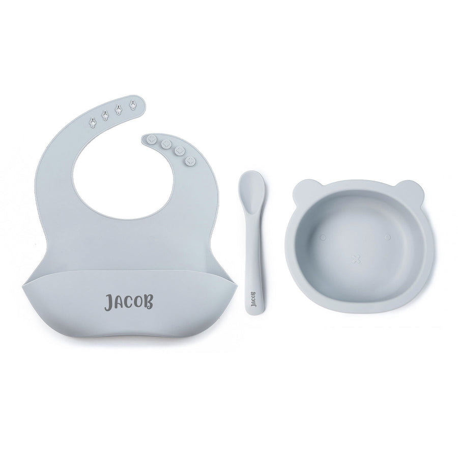 JBØRN Silicone Bowl, Spoon and Bib Set | Weaning Set - Personalisable Baby Products Sold and Personalised by JustBørn