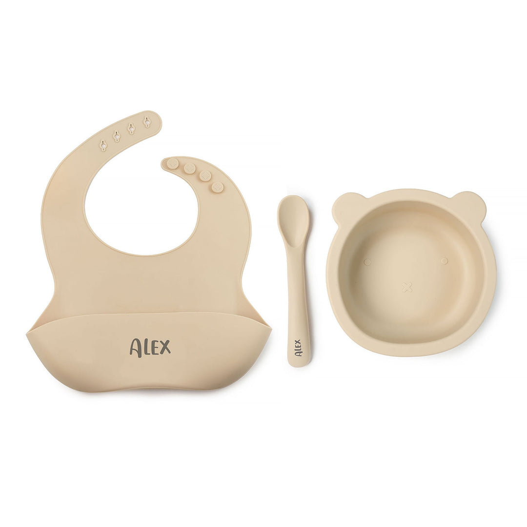 JBØRN Silicone Bowl, Spoon and Bib Set | Weaning Set Beige - Personalisable Baby Products Sold and Personalised by JustBørn