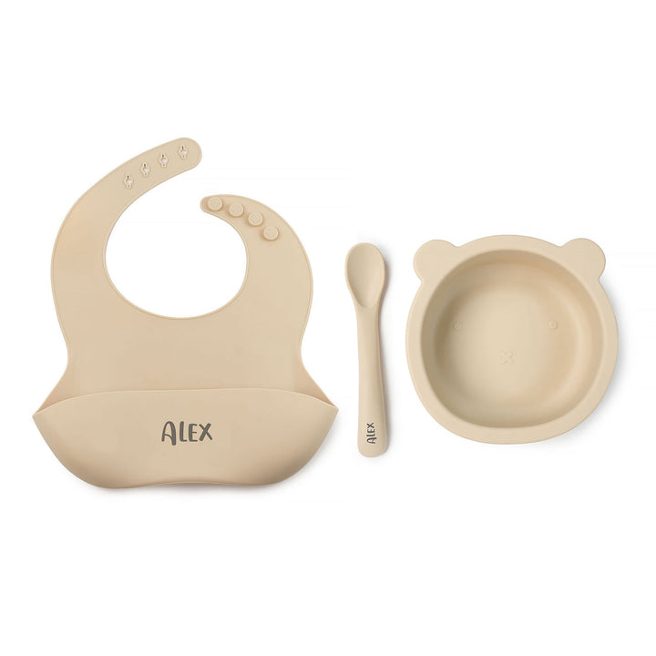 JBØRN Silicone Bowl, Spoon and Bib Set | Weaning Set Beige - Personalisable Baby Products Sold and Personalised by JustBørn