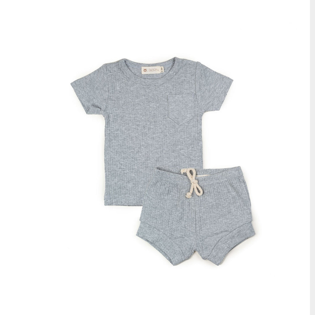 JBØRN Organic Cotton Ribbed Baby T-Shirt & Shorts Set Ribbed Grey - Personalisable Baby Products Sold and Personalised by JustBørn